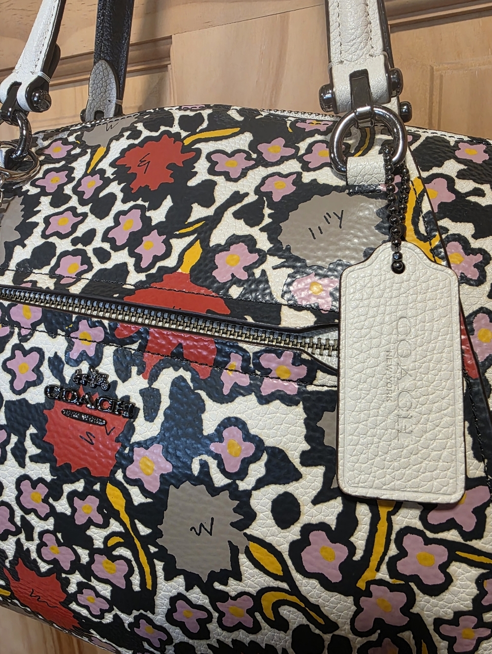 Coach Multi-Color Floral Leather Tote with White Handles - Picture 2 of 10